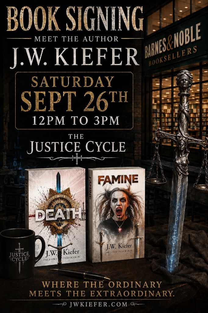 Book signing poster: meet the author J. W. Kiefer for The Justice Cycle on Saturday, September 26th, 12 p.m. to 3 p.m. Tagline: Where the ordinary meets the extraordinary.